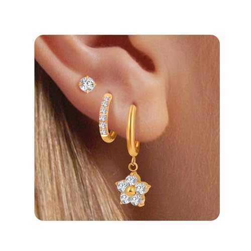 Surgical Steel Small Gold Huggie Hoop Earrings for Women Hypoallergenic - color: G-Plum Blossom