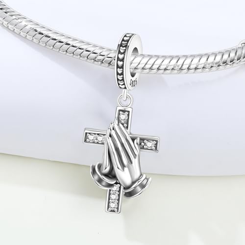 925 Sterling Silver Charms for Bracelets and Necklace Religious Cross Pendants Praying Hands, Bible, Virgin Mary, Jesus, Church Bead Jewelry - color: Praying Hands Cross