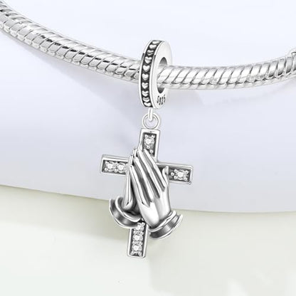 925 Sterling Silver Charms for Bracelets and Necklace Religious Cross Pendants Praying Hands, Bible, Virgin Mary, Jesus, Church Bead Jewelry - color: Praying Hands Cross