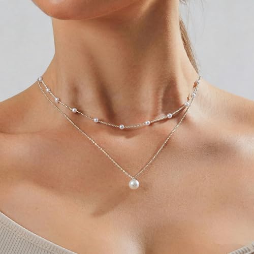 Pearl Necklace for Women, Dainty Pearls Choker Necklace for Women 14K Gold Plated Layered Pendant Necklace Handmade Gold Chain Necklace Everyday Jewelry Gift - color: Layered Satellite Pearl-Silver