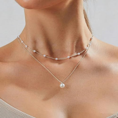 Pearl Necklace for Women, Dainty Pearls Choker Necklace for Women 14K Gold Plated Layered Pendant Necklace Handmade Gold Chain Necklace Everyday Jewelry Gift - color: Layered Satellite Pearl-Silver