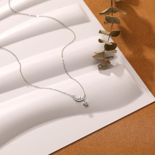 925 Sterling Silver Dainty Moon Star Necklaces for Women Daughter Mom | Moon Pendant Necklaces Trendy Non Tarnish 14K Gold Plated Cute Star CZ Charm Chain Jewish Birthday Wedding Gifts Jewelry - color: Silver