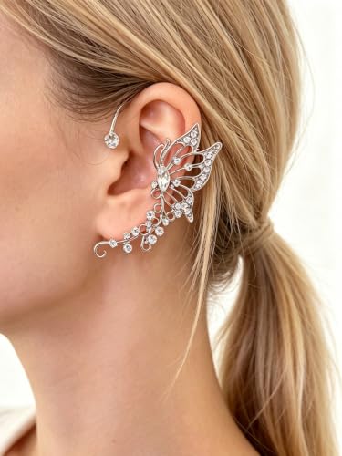 2Pcs Rhinestone Butterfly Earrings Ear Cuffs Non-Pierced Fake Earrings Butterfly Climber Wrap Around Earring Dainty Adjustable Ear Clip Jewelry for Women - color: Style3-silver