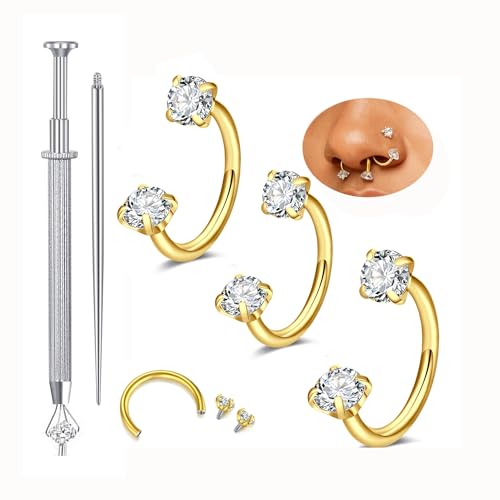 QWALIT 18g 20g Nose Stud 18g Surgical Stainless Steel Silver Gold Horseshoe Nose Ring for Women Hypoallergenic Double Stud Gem 18gauge Corkscrew Nostril Piercing Jewelry for Men Trendy - color: D5-double stud -gold -20g 7mm