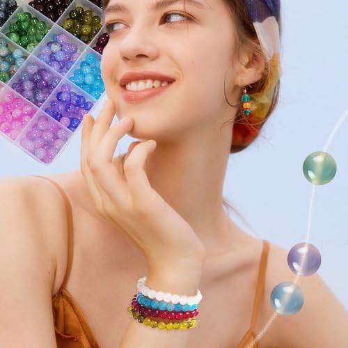1200PCS 8mm Glass Beads Bracelet Making Kit, 24 Colors Crystal Beads for Jewelry Making, 2 Box Cataclastic Lineation Beads Suitable for Beginners - color: 2 Box