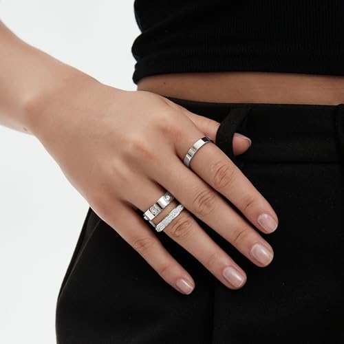 Gold Silver Rings for Women Dainty 18K Gold Plated Cubic Zirconia Stacking Rings for Women Thumb Ring Set Love Friendship Dual Band Rings Promise Wedding Engagement Rings - color: Silver
