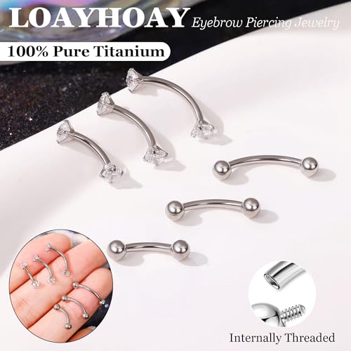 6PCS 16G G23 Titanium Eyebrow Piercing Jewelry for Women Curved Barbell Tiny Eyebrow Ring Vertical Labret Belly Lip Tongue Ring Internally Threaded Rook Tragus Daith Earring 6/8/10mm - color: Silver B