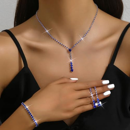 MIFYNN Rhinestone Wedding Set for Women Sparkle Crystal Earrings Necklace Bracelet Jewelry Set Wedding Party Prom Jewelry Set for Brides Bridesmaid - color: Blue