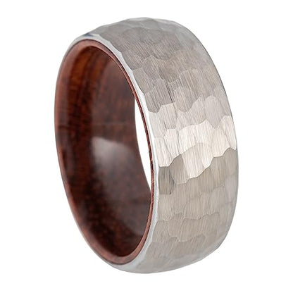 8mm Tungsten Carbide Genuine Natural Koa Wood Inner Inlay Ring Black/Gold/Silver/Rose Gold Wedding Band Hammered Textured Flat Style Comfort Fit Gift Box Included - color: Hammered Silver Tungsten