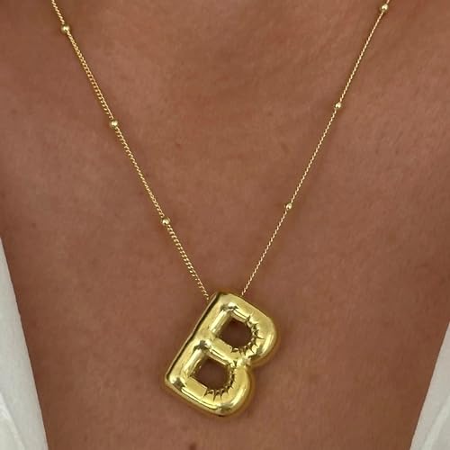 Gold Bubble Initial Necklace for Women Balloon Letter Necklace 18K Gold Plated Dainty Alphabet Pendant Puffy Name Personal Necklace - color: B