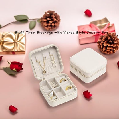 VLANDO Small Travel Jewelry Box Organizer Display Case for Girls Women Gift Rings Earrings Necklaces Storage, Beige - color: Beige