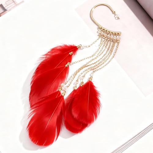 Feather Earrings for Women Ear Cuffs Long Tassel Boho Clip Earrings Red White Non Piercing Earring Statement Jewelry Birthday Prom Jewelry Gifts - color: A3:red tassel feather ear clips