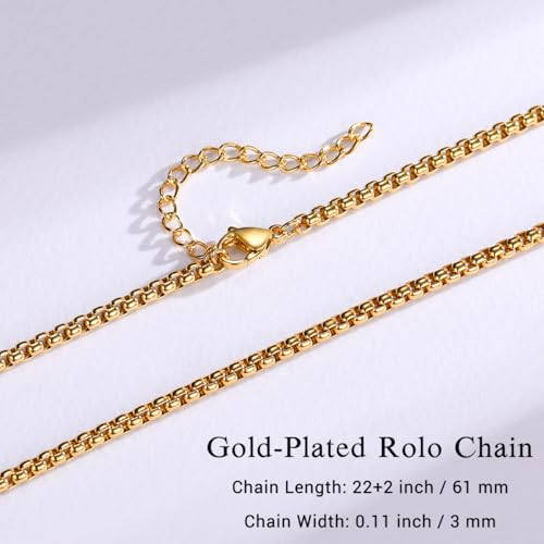 Eusense Stainless Steel Chain Necklace for Men Women Rolo/Wheat/Snake/Box Chain, 2-3MM, 20-24 Inches with Delicate Gift Box - color: 18K Gold-Plated, size: 22+2 Inches Length, style: Rolo Chain-3MM Width