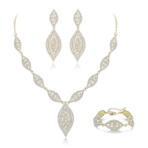 Flyonce Wedding Jewelry Set Rhinestone Crystal Bridal Leaf Necklace Drop Dangle Chandelier Earrings Sets for Women - color: Clear Gold-Tone