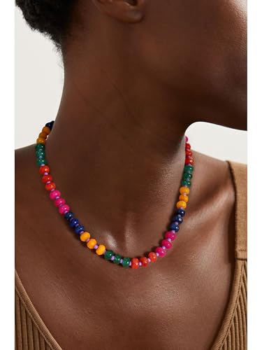 Joya Love Colorful Gemstone Beaded Necklaces For Women Trendy Rainbow Natural Stone Boho Handmade Stainless Steel Waterproof Strand Necklaces Jewelry For Women Gift - color: Red jump colour