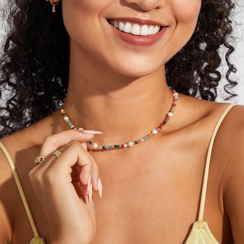KissYan Beaded Choker Necklace for Women, Colorful Natural Gemstones Pearl Choker 14K Gold Plated Pendant Healing Crystal Necklace Handmade Stone Jewelry Gift | 14K Gold Plated Pendant Necklaces, Natural Gemstones Pearl Choker, Healing Crystal Chain, Hand