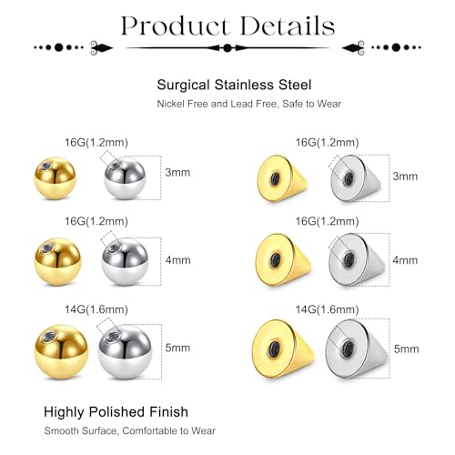 Fake Eyebrow Ring Fake Lip Labret Studs Replacement Balls Spike with 100pcs Sticker Non-Piercing Body Jewelry Fake Skin Piercing - color: A2 -Silver + Gold