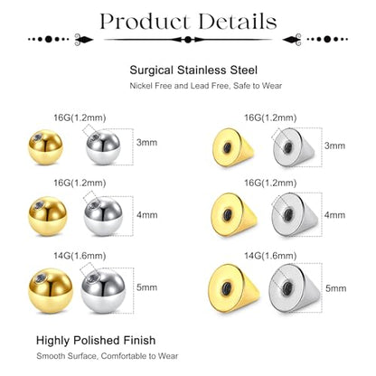 Fake Eyebrow Ring Fake Lip Labret Studs Replacement Balls Spike with 100pcs Sticker Non-Piercing Body Jewelry Fake Skin Piercing - color: A2 -Silver + Gold
