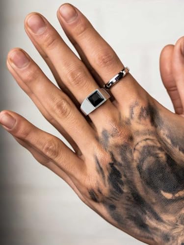 KeyStyle Square Gemstone Signet Rings for Men, Personalized Stainless Steel Pinky Ring with Black Onxy Blue Topaz Birthstone Statement Ring - color: 316L Stainless Steel-Black Onyx-8mm