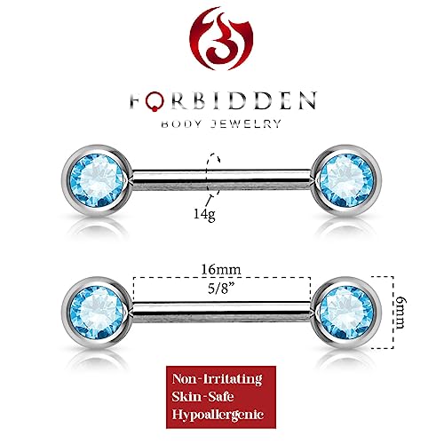 Forbidden Body Jewelry 14g Nipple Ring Barbells Set of 2, Pair of CZ 16mm (5/8 Inch) Barbells with 6mm Balls - color: Aqua Blue