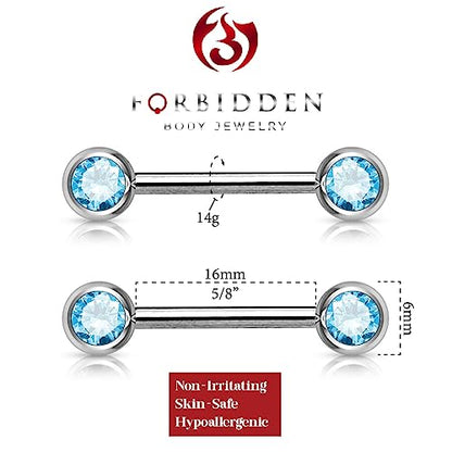 Forbidden Body Jewelry 14g Nipple Ring Barbells Set of 2, Pair of CZ 16mm (5/8 Inch) Barbells with 6mm Balls - color: Aqua Blue