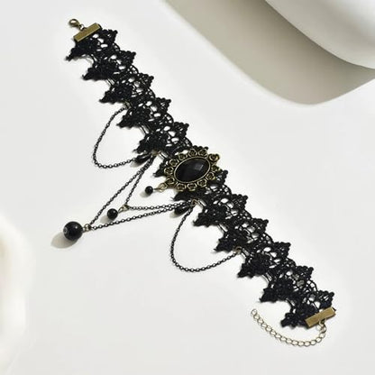 Gothic Lace Choker Necklace for Women, Pearl Sexy Tassel Adjustable Choker Necklace, Boho Halloween Jewelry for Festival Party Cosplay Costume Gifts - color: black Rose Tassels