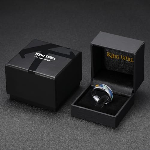 King Will Tungsten Wedding Band Wood Inlay for Men Black Beveled Edge | Black, 8mm, Beveled Edge, Comfort Fit, Wood inlay, Promise Gift - color: Colorful Wood Chips-Gunmetal