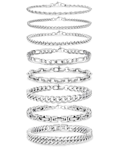 REVOLIA 8Pcs Stainless Steel Chain Bracelets for Men Women Cuban Link Bracelets Paperclip Figaro Rope Chain Bracelets Set 6.8-9 Inches - color: Silver