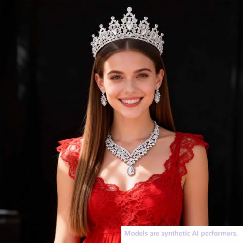 Kamirola Bridal Wedding Tiara Crown Jewelry Set for Women/Brides/Bridesmaids Crystal Jewelry Set for Wedding Prom Party Bridal Crystal Necklace Earrings Bracelet Set(TR60) - color: Silver