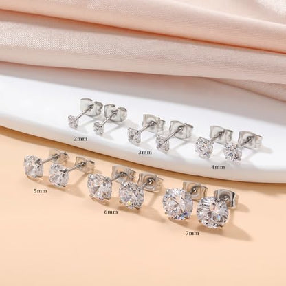 6 Pairs Stud Earrings for Women, 14K Gold Plated Hypoallergenic 316L Surgical Stainless Steel Earrings Studs Sets Cubic Zirconia Cartilage Earrings - color: Silver- 6 Pairs- 2 3 4 5 6 7mm