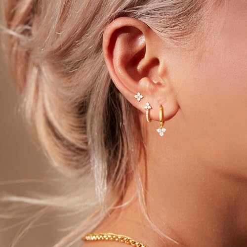 Freekiss 3 Pairs Hoop Earrings Set - Dainty Stud Dangle Cartilage for Women | Hypoallergenic Earrings, Cubic Zirconia Stackable Trendy Small Set Jewelry Gifts for Women - style: Hoop Clover Set-GD