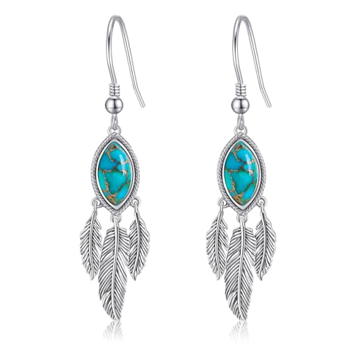 AVECON Turquoise Dangle Earrings for Women, Sterling Silver Feather Jewelry | Genuine Western Marquise Boho Pierced, Native American Jewelry with Hook and Leaf, for Cowgirl & Cowboy - color: Teal Turquoise
