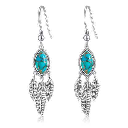AVECON Turquoise Dangle Earrings for Women, Sterling Silver Feather Jewelry | Genuine Western Marquise Boho Pierced, Native American Jewelry with Hook and Leaf, for Cowgirl & Cowboy - color: Teal Turquoise