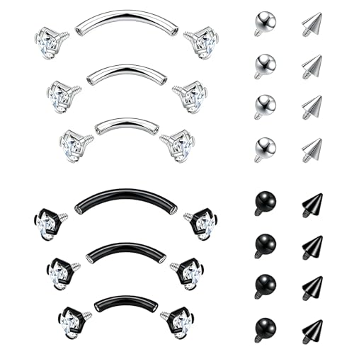 16G Eyebrow Piercing Jewelry Rook Earrings for Women Internal Thread Curved Barbell CZ Eyebrow Rings Vertical Labret Lip Jewelry Ear Rook Stud Small Tiny Belly Button Ring 6mm/8mm/10mm - color: Silver Black