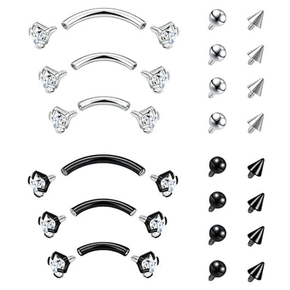 16G Eyebrow Piercing Jewelry Rook Earrings for Women Internal Thread Curved Barbell CZ Eyebrow Rings Vertical Labret Lip Jewelry Ear Rook Stud Small Tiny Belly Button Ring 6mm/8mm/10mm - color: Silver Black