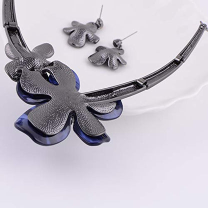 AMYJANE Vintage Statement Jewelry Set - Spring Leaf Flower Floral Plant Necklace Earring Set Crystal Rhinestone Fashion Costume Jewelry for Women Prom Party Unique Gift - style: 2 Flower Jewelry Set Blue