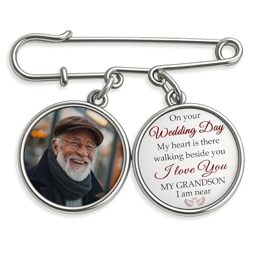 Personalized Wedding Bouquet Photo Charm, Custom Memorial Pin with Picture, Photo Locket Pendant for Bride Bouquet or Groom Suit, Memory Charm for Wedding Bouquet - color: My Heart Is With You 02
