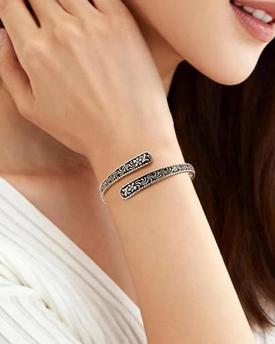 Vinatage 14K Gold Plated Cuff Bracelet - Boho Adjustable Cuff with Floral Pattern, Stackable Bracelet Bangle for Women