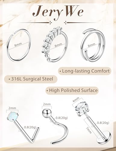 JeryWe Nose Rings for Women - 14K Gold Filled Hypoallergenic Surgical Steel Nose Ring Hoops CZ Lip Ring Screw L Shaped Studs Threadless Flat Back Stud Nose Piercings Jewelry for Women Men - style: Steel-AB CZ
