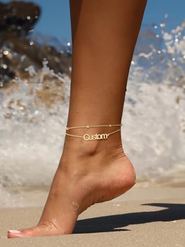 FindChic Custom Ankle Bracelets for Women, Stainless Steel Figaro/Cuban/Wheat/Rope/Herringbone Chain Anklets, Beach Foot Jewelry 8.5''-10.5'' Adjustable & Waterproof, with Gift Box - style: Beaded Chain-Gold