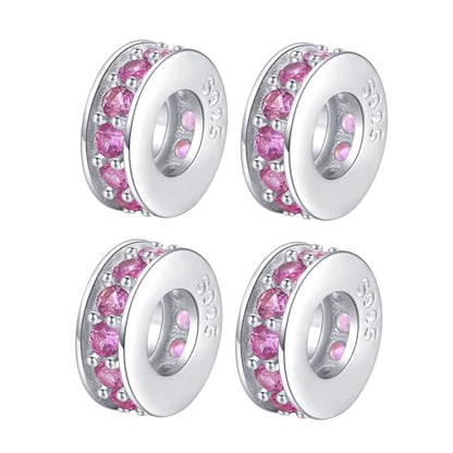 Clip Stopper Charms Sterling Silver Rondelle Spacer Bead Charm Stopper Charm for Pandora Charm Bracelets - color: Pink (4 pcs )