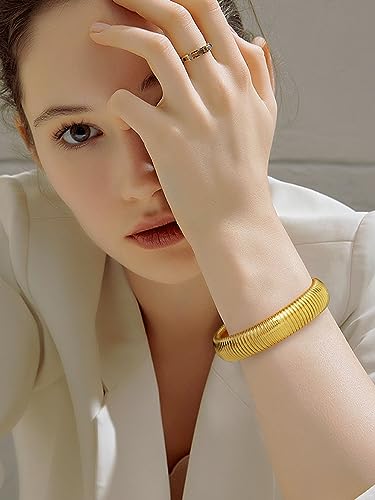 KeyStyle Bangle Bracelets For Women, Stainless Steel Stretch Bracelet Wide | 14K Gold/Rose Gold/Black/Silver Plated Flexible Wide Twisted Link Chain Wristband Jewelry, 10Mm, 16Mm, 20Mm - color: 16mm - Gold