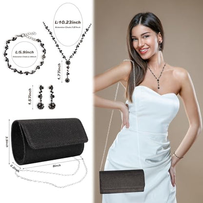 4 Pcs Rhinestone Jewelry Clutch Purses Bag Jewelry Sets for Women Wedding, Homecoming Bling Accessories Earrings Necklace Bracelet Evening Bag Handbag Clutch Purses
