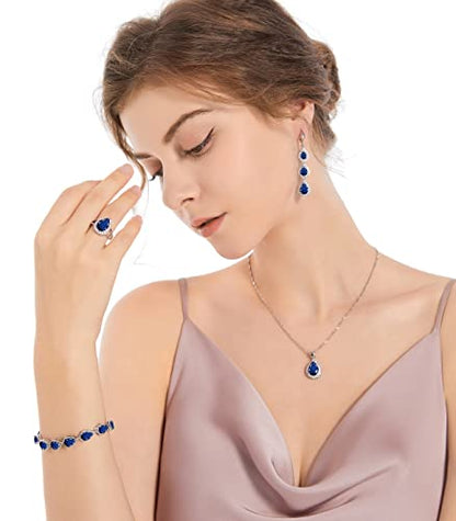 LMXXVJ Necklace Long Earrings Bracelet Set, White Gold Plated Created Blue Sapphire Jewelry Set Wedding Party Gift Jewelry for Women Bridal Bridesmaid - color: White Gold-Blue Ring