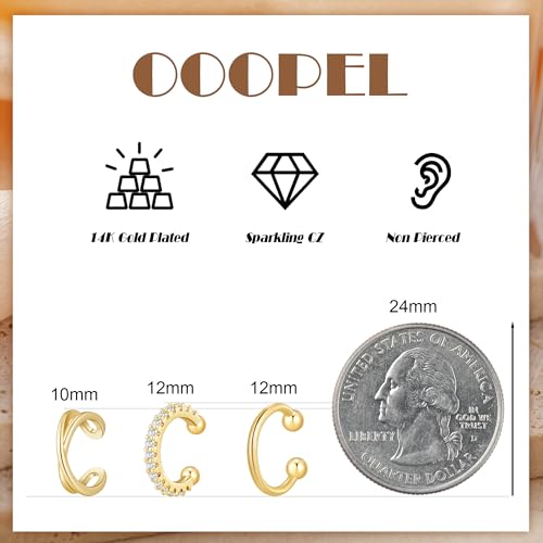 OOOPEL 3 Pairs 14K Gold Plated Ear Cuffs Non Piercing Lightweight Stackable Chunky Earring Cuff for Women Adjustable Non-Fading Fake Earrings Suitable for Christmas Gift - style: Thin