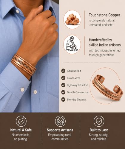 Touchstone Copper magnetic bracelet Tibetan style. Hand forged with solid and high gauge pure copper. Delicate brass inlay. - style: Braided 2