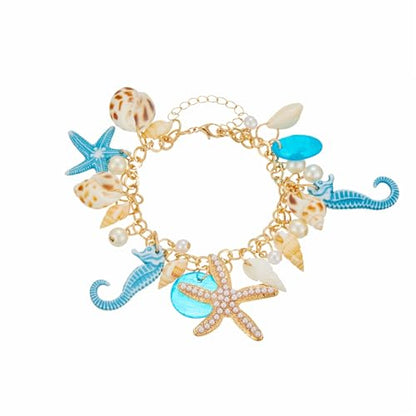 Spiritrain Handmade Starfish Seashell Pearl Bracelets for Women Gold Plated Bohemian Charm Sea Shell Couch Beads Adjustable Chain Anklet Bracelets Hawaiian Beach Holiday Mermaid Costume Jewelry Gifts - color: Blue