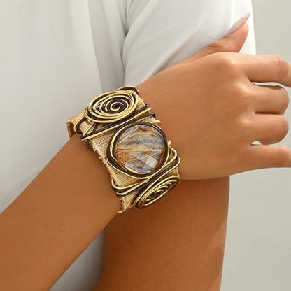 CJIAYUJEW Chunky Gold Cuff Bracelets for Women Exaggerated Geometric Leaf Open Wide Bracelets Trendy Retro Adjustable Party Jewelry Accessaries - color: round