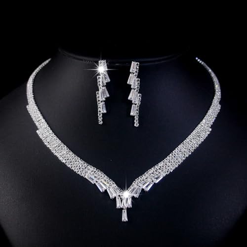 Women's Fashion Jewelry Rhinestone Zircon Necklace and Earring Set Formal Ball Gown Accessories Silver Floral Pendant Bridal Wedding Jewelry Suitable for Weddings, Balls, Banquets, and All Special Occasions - style: GST003