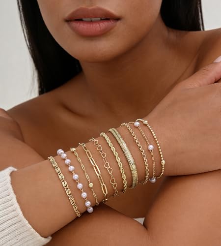 10 Pcs Gold Bracelets for Women, 14K Gold Plated Stackable Cuban Link Paperclip Chain Bracelet Set, Dainty Gold Bracelets Stack Jewelry - color: Gold-pearl